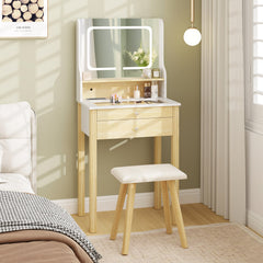 Small Vanity Desk Set with Adjustable LED Lighted Mirror and Power Outlets-White
