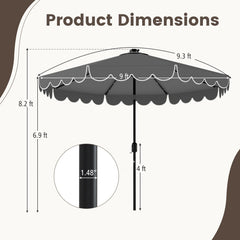 9.3 FT Solar Patio Umbrella with 24 LED Lights Vented Top and Ruffles-Gray