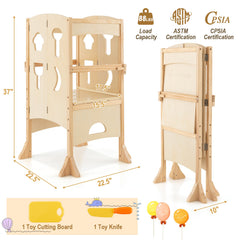 Folding Wooden Step Stool with Lockable Safety Rail for Toddler 3+-Natural