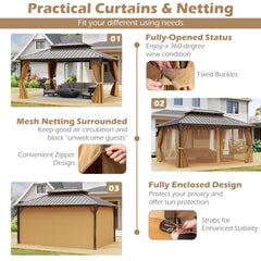 16 x 12 Feet Hardtop Gazebo Aluminum Frame Permanent Pavilion with Curtains and Netting-Coffee