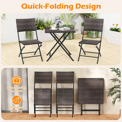 3 Piece Rattan Bistro Set Outdoor Folding Dining Table and Chairs with Wicker Seat