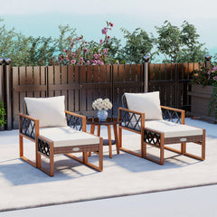5 Pieces Patio Furniture Set PE Rattan Outdoor Conversation Set with Acacia Wood