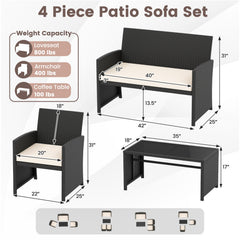 4 Pieces Patio Furniture Set with Tempered Glass Tabletop and Removable Cushion
