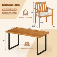 7 Pieces Patio Dining Table Set 63” Rectangle Table and 6 Acacia Wood Armchairs