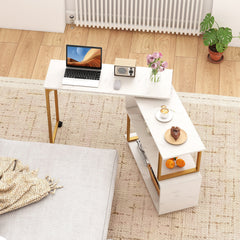 360° Rotating Sofa Side Table with Storage Bookcase and Hooks for Living Room-White