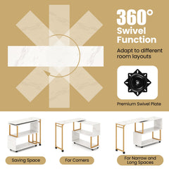 360° Rotating Sofa Side Table with Storage Bookcase and Hooks for Living Room-White