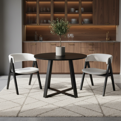 3-Piece Mid-Century Dining Set with 36” Round Pedestal Table and 2 Sherpa Upholstered Chairs