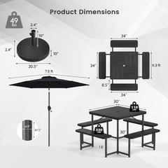 Outdoor Picnic Table Bench Set with Umbrella and Base for 4-8 People