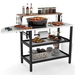 Outdoor Foldable Grill Table with Flip-Up Top and 2 Storage Shelves for Backyard Garden
