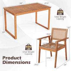 5 Pieces Acacia Wood Dining Set with Outdoor Table and Rattan Chairs for 4 Persons