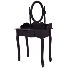 Wooden Vanity Makeup Set with Cushioned Stool and Oval Rotating Mirror