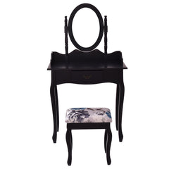 Wooden Vanity Makeup Set with Cushioned Stool and Oval Rotating Mirror