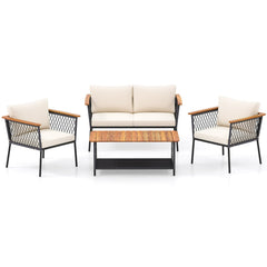 4 Piece Patio Rattan Furniture Set with 2-Tier Coffee Table-White