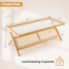 Z-Shaped Handwoven Bamboo Coffee Table with Tempered Glass Top-Natural