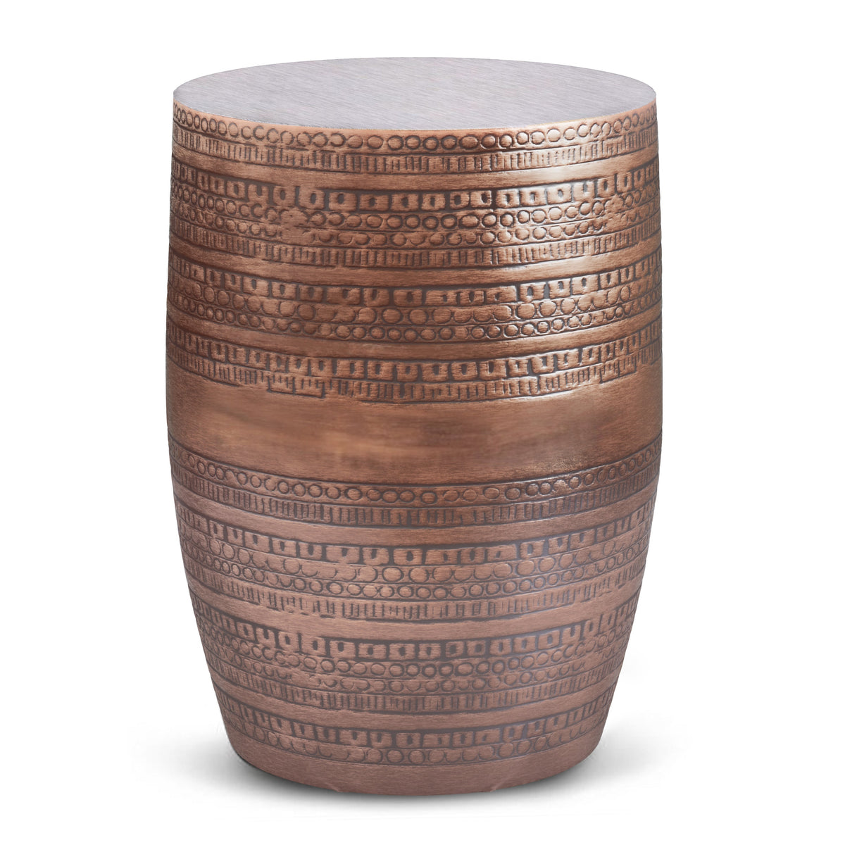Johnsen 15 Inch Wide Tribal Pattern Metal Accent Table in Antique Copper
