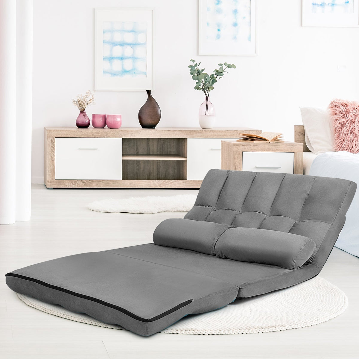6-Position Foldable Floor Sofa Bed with Detachable Cloth Cover-Gray