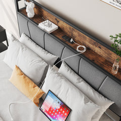 Full Size Bed Frame Storage Headboard with Charging Station
