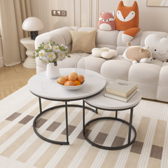 Nesting Coffee Table Set of 2, 27.6inch Round Wood Marble Pattern Top with Sturdy Metal Frame