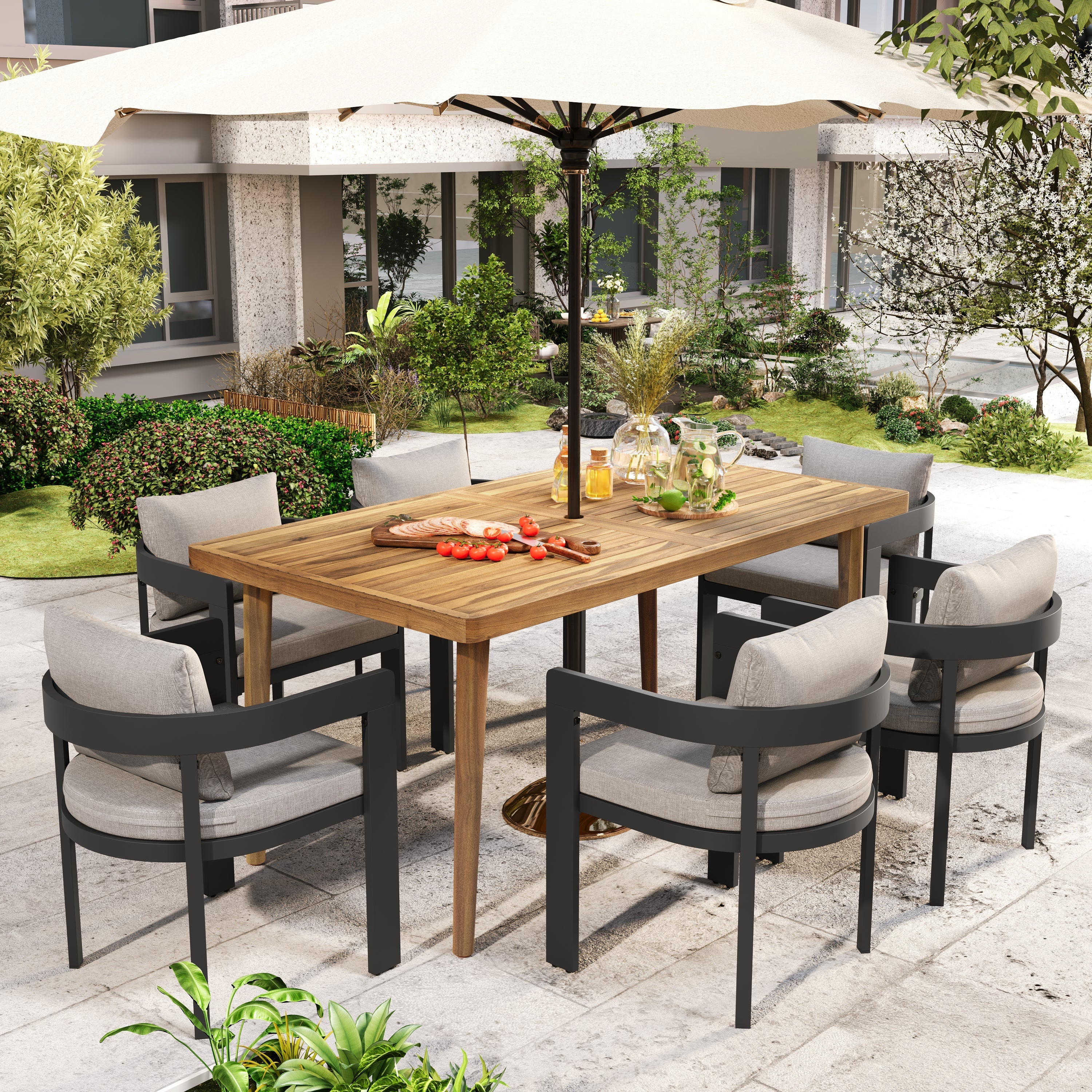 Outdoor Patio 7PCS Dining Set with Aluminum Chairs and Acacia Wood Table