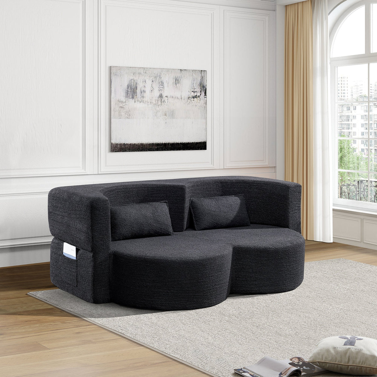 Folding Sofa Bed in Black Teddy Bear Fabric