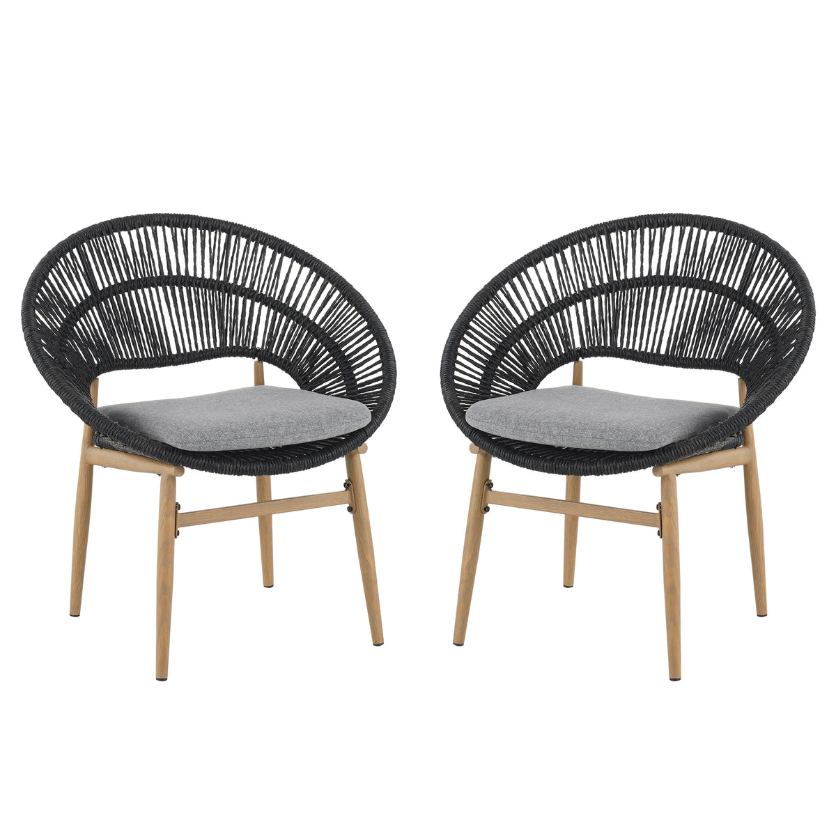 Cyril Outdoor Wicker Papasan Style Dining Chair with Teak Finished Leg and Dark Gray Faux Rattan - Set of 2