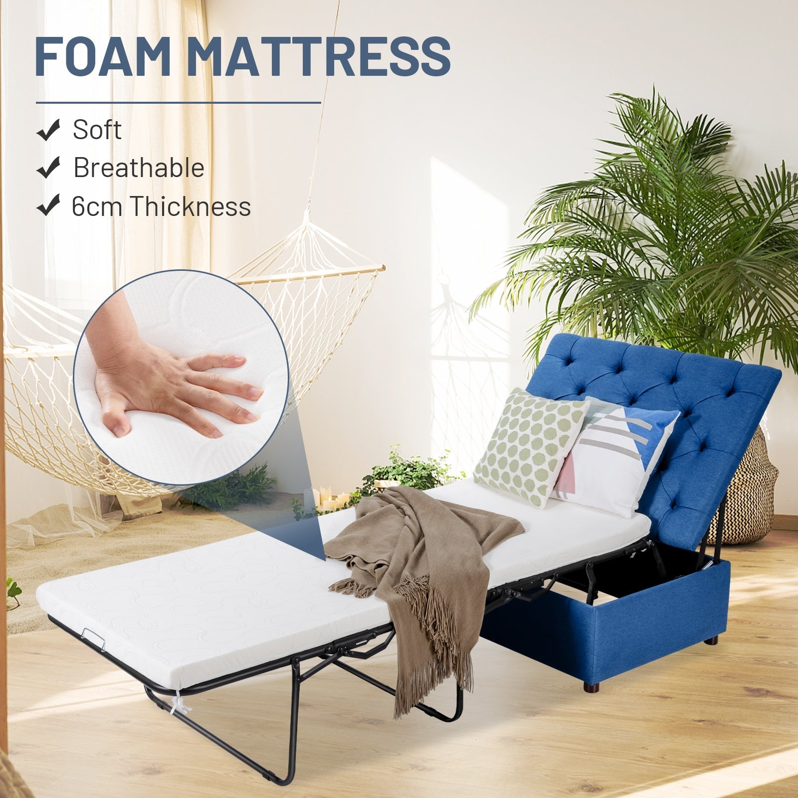 Folding Ottoman Sleeper Bed with Mattress for Guest Bed and Office Nap-Blue