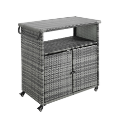 Outdoor Wicker Bar Cart with Glass Top and Wheels