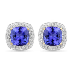 5.98 Carat Genuine Tanzanite and White Diamond 14K Yellow Gold Earrings