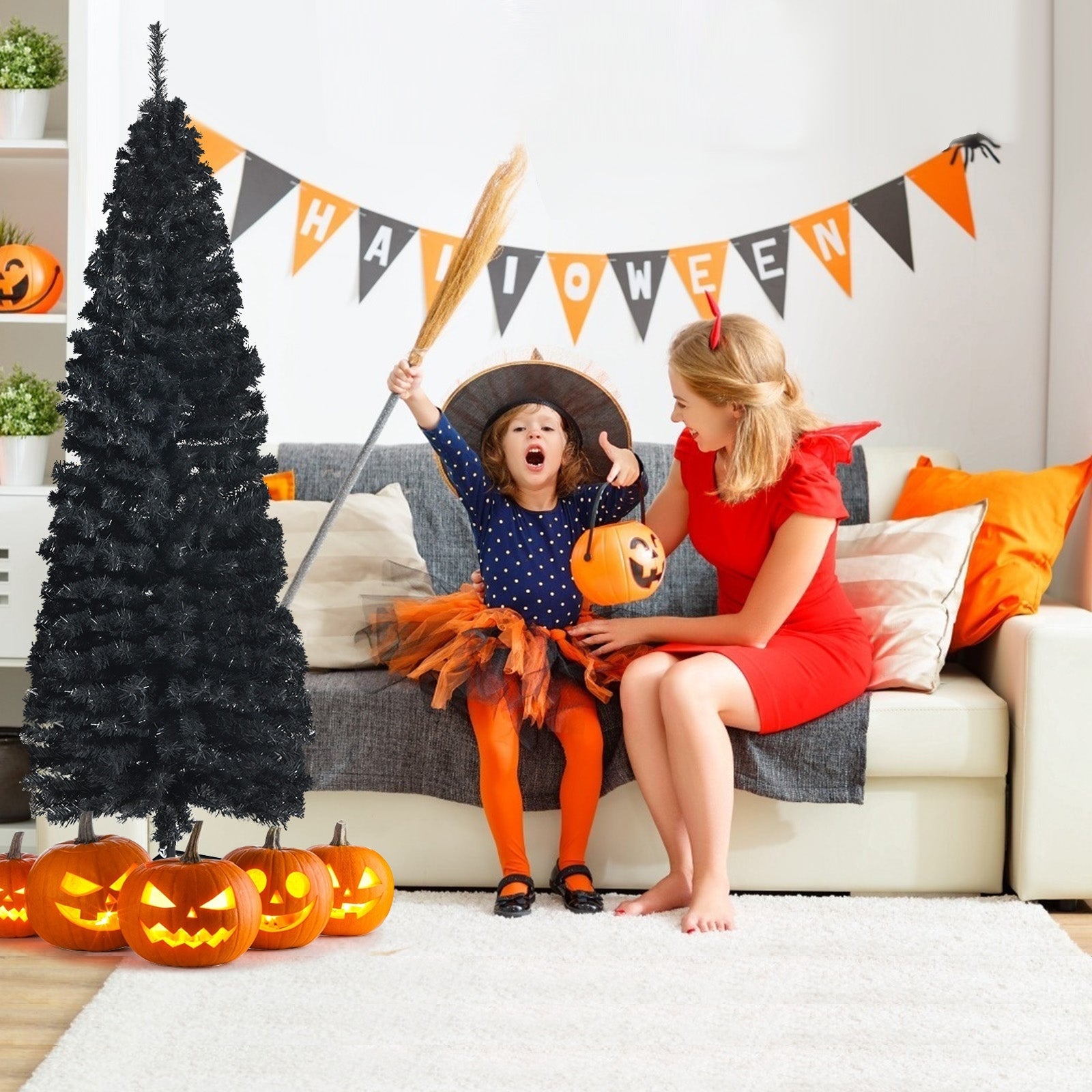 6ft Unlit Artificial Christmas Halloween Pencil Tree Black with Metal Stand-Black