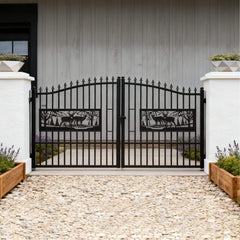 [07X20FT] Heavy-Duty Deer Motif Style Bi-Parting Galvanized Steel Driveway Entrance Gate (SAK68731)