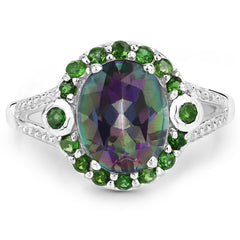 3.92 Carat Genuine Rainbow Quartz and Chrome Diopside .925 Sterling Silver Ring