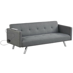 3 Seat Convertible Linen Fabric Futon Sofa with USB and Power Strip