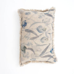 Linen Printed Lumbar Throw Pillow with Fringes (Blue & Grey) 16x24