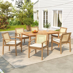 Preston Outdoor Patio 7-Piece Dining Set with Acacia Wood Chairs and Beige Cushions
