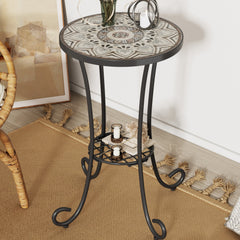 Ceramic Tile and Iron Patio Side Table with Shelf, Brown and Black