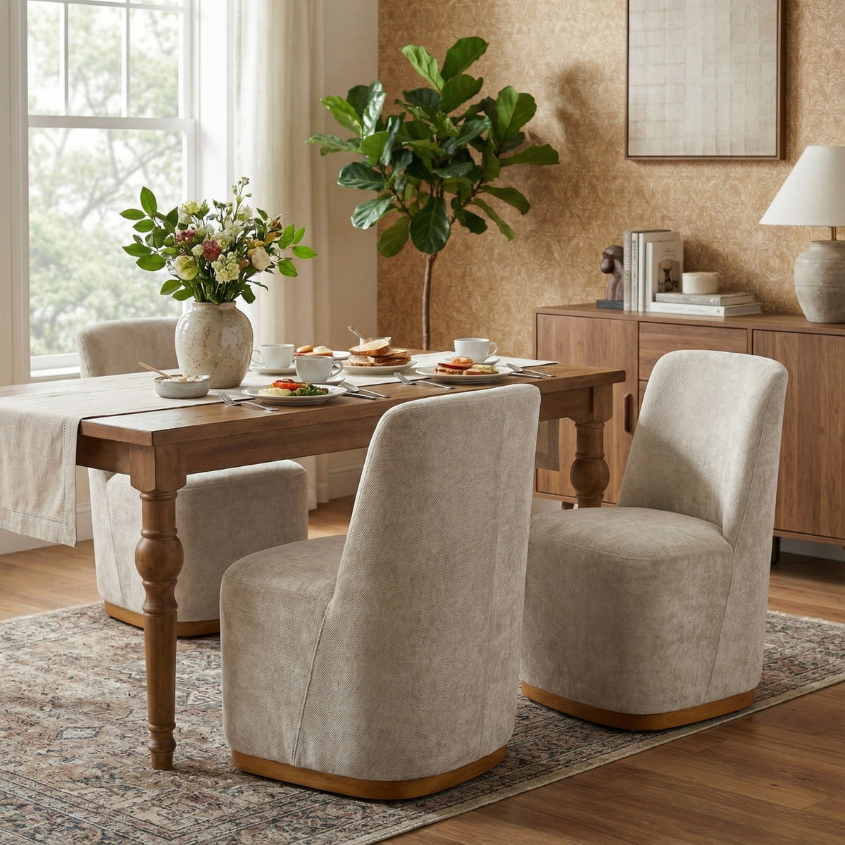 Indoor Dining Chair Set of 2 in Creamy Oatmeal Upholstered Fabric
