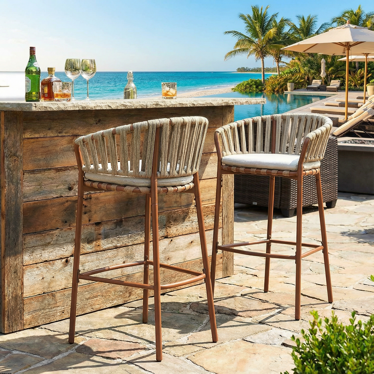 Lodi Outdoor Metal Rope Barstool Set of 2