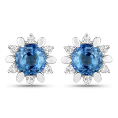 1.87 Carat Genuine Blue Sapphire and White Diamond 14K White Gold Earrings