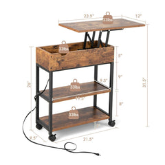 Lift Top End Table with Charging Station and Universal Wheels-Rustic Brown
