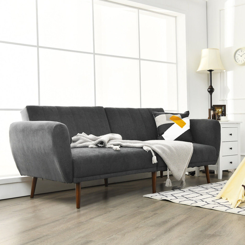 Convertible Futon Sofa Bed Adjustable Couch Sleeper with Wood Legs-Gray