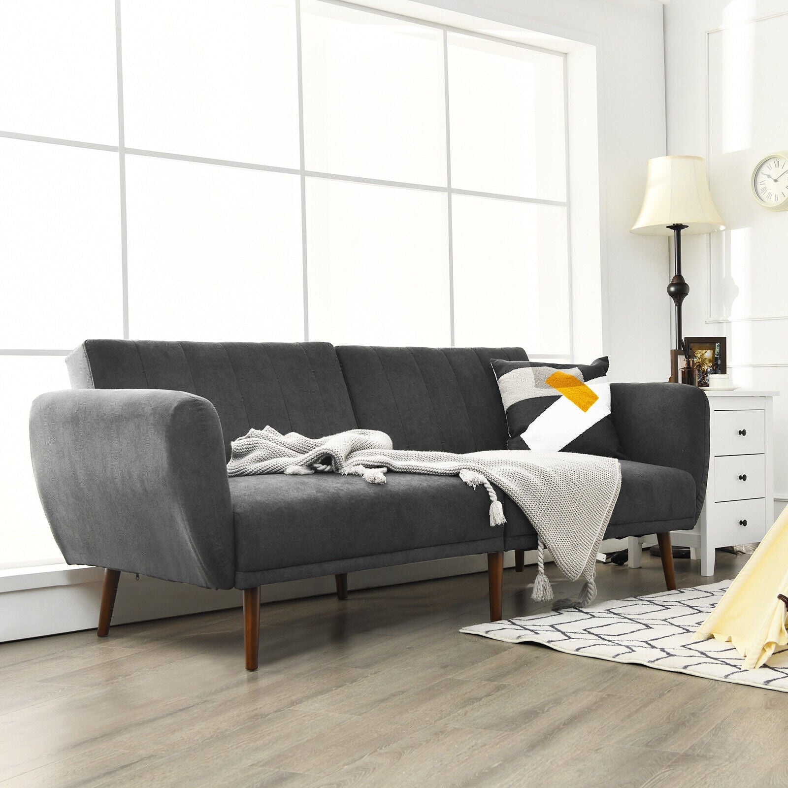 Convertible Futon Sofa Bed Adjustable Couch Sleeper with Wood Legs-Gray