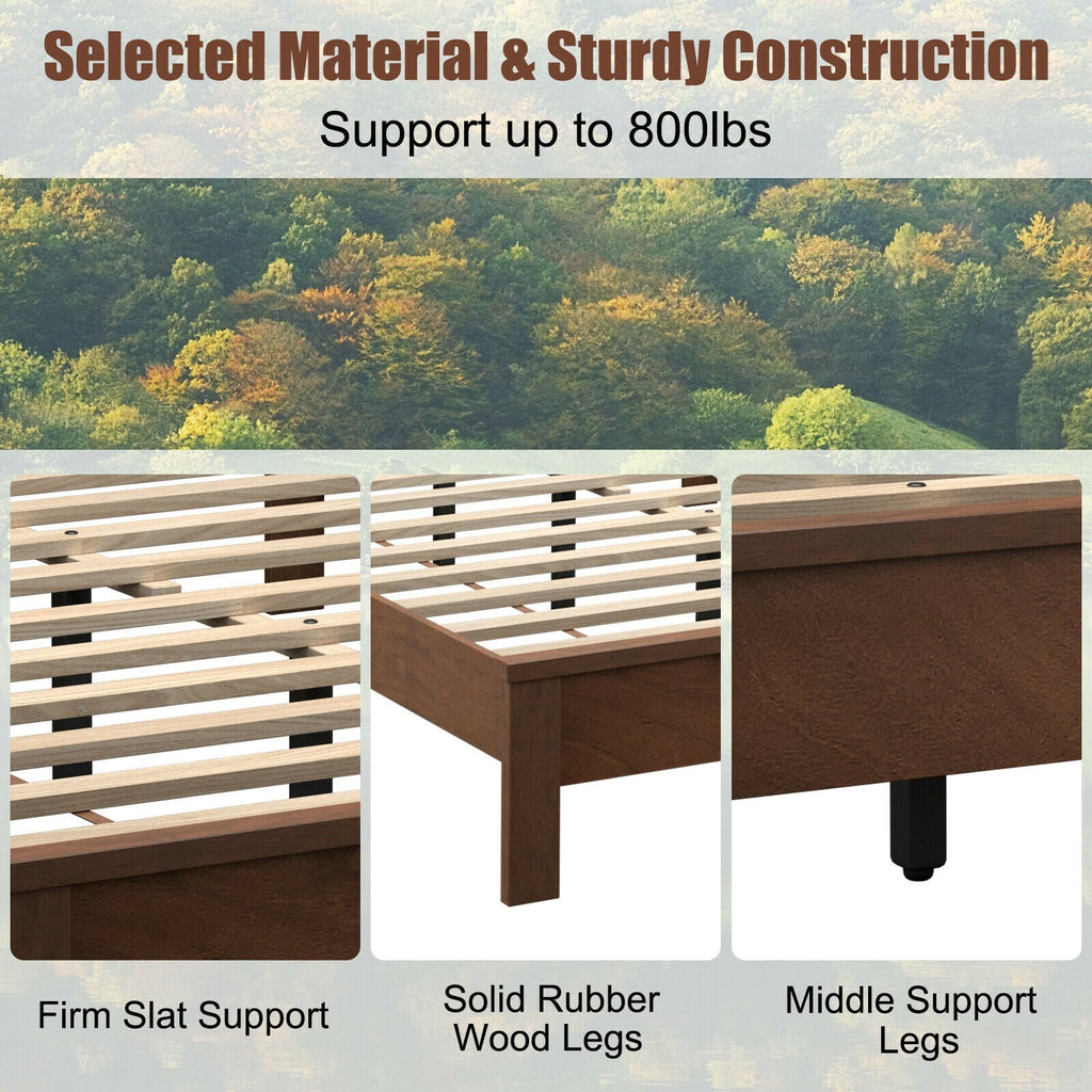 Queen Size Bed Frame Platform Slat High Headboard Bedroom with Rubber Wood Leg-Walnut