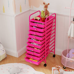 10 Drawer Rolling Storage Cart Organizer with 4 Universal Casters-Pink