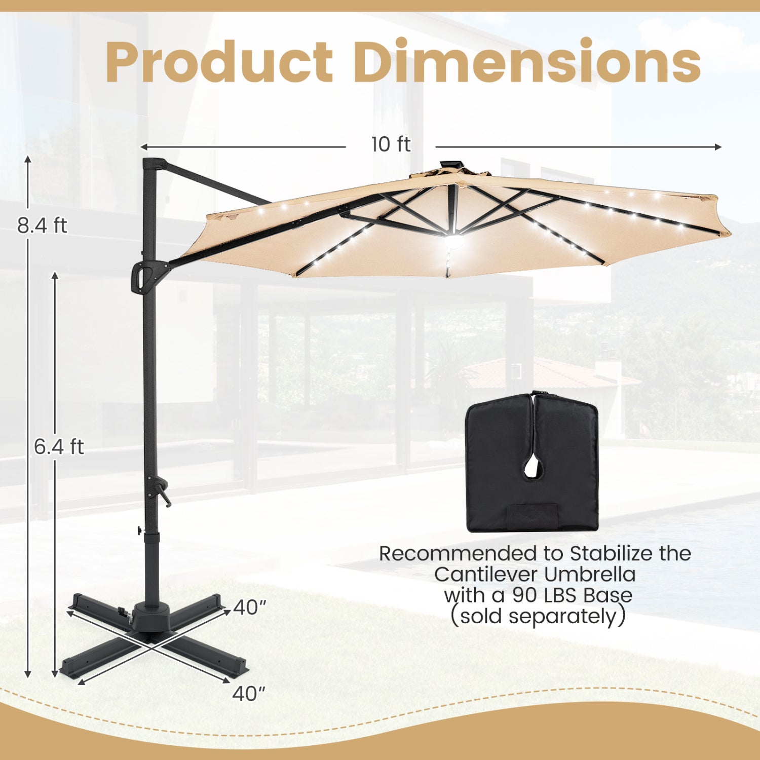 10 FT Cantilever Patio Umbrella with Solar LED Lights 360° Rotation