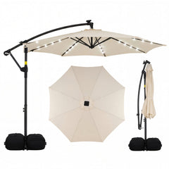10 FT Solar LED Offset Cantilever Patio Umbrella Hanging Outdoor Market Umbrella