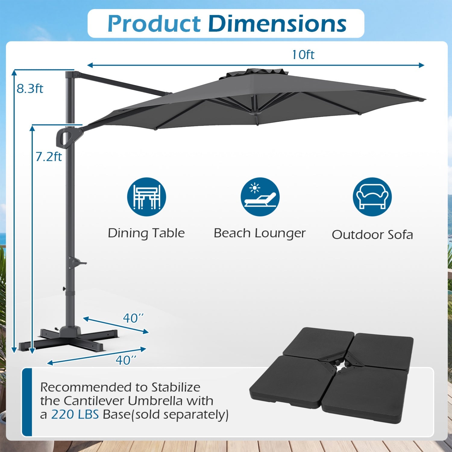 10 Feet Patio Cantilever Umbrella with Easy Tilt Adjustment