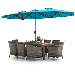 10 Pieces Patio Wicker Dining Set with 15 Feet Double-Sided Patio Umbrella-Turquoise
