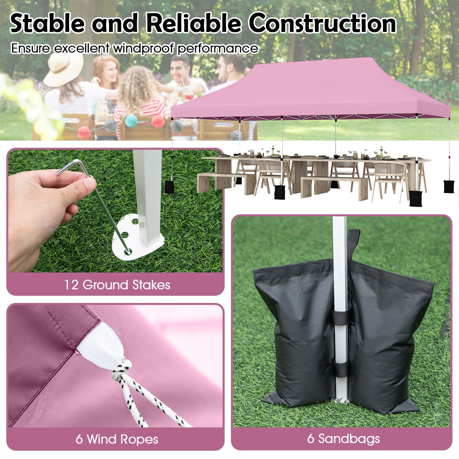 10 X 20 FT Pop up Canopy Tent Foldable Portable Outdoor Gazebo with Carry Bag-Pink