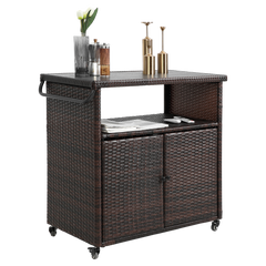 Outdoor Wicker Bar Cart with Glass Top and Wheels - Light Brown