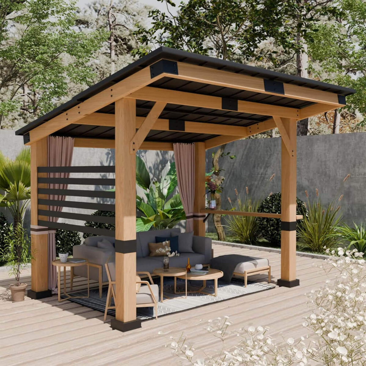 [10X12FT] Alora Heavy-Duty Premium Outdoor All-Season Wooden Cedar Hardtop Gazebo With Metal Roof & Back Curtains (SAK57184)